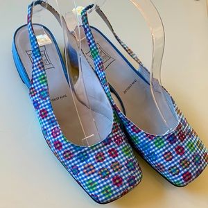 Cynthia Rowley gingham and floral flat sling backs. Fabric and leather. Italy.